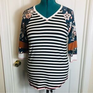 Matilda Jane at-Neck Striped Top with Floral Sleeves. Size M